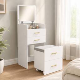 STILVORA Dressing Table with Glass Top, Drawers & Stool in White - thumbnail 1