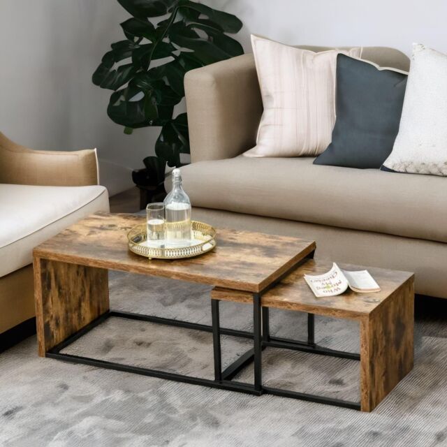Rafaelo Mobilia Set Of 2 Nesting Tables Industrial Rustic Brown in Dark Brown - image 1