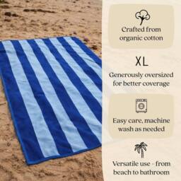 Misona Extra Large Striped Beach Towel - 100% Cotton in Blue - thumbnail 3