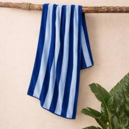 Misona Extra Large Striped Beach Towel - 100% Cotton in Blue - thumbnail 2