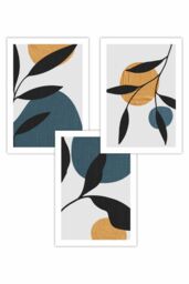 ARTZE Set of 3 Mid Century Botanical in Teal Yellow Black Art Posters - Size: W30 cm x H42 cm - thumbnail 1