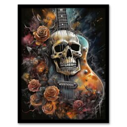 Artery8 Wall Art Print Guitar With Roses & Skull Conceptual Painting Electric Floral Melodic Metal Art Framed - Size: A4 - thumbnail 1
