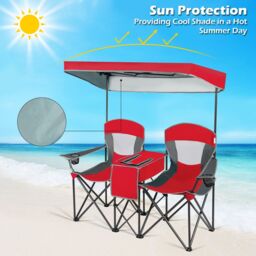 Gymax Double Sunshade Folding Chairs Outdoor 2-person Chairs in Red - thumbnail 6
