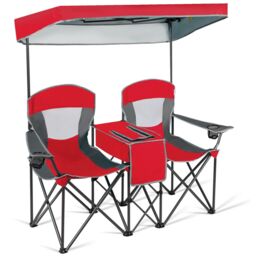 Gymax Double Sunshade Folding Chairs Outdoor 2-person Chairs in Red - thumbnail 1