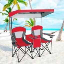 Gymax Double Sunshade Folding Chairs Outdoor 2-person Chairs in Red - thumbnail 8