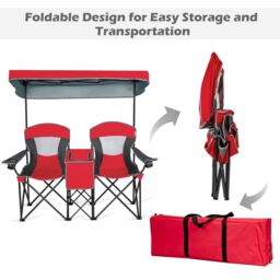 Gymax Double Sunshade Folding Chairs Outdoor 2-person Chairs in Red - thumbnail 2