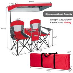 Gymax Double Sunshade Folding Chairs Outdoor 2-person Chairs in Red - thumbnail 7