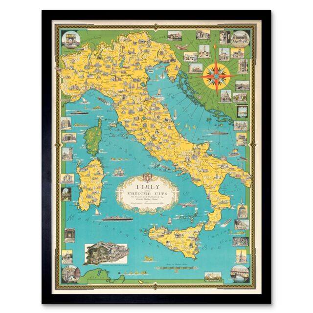 "Artery8 Wall Art Print Ernest Chase 1944 Italy Vatican City Detailed Vintage Pictorial Map Art Framed in Black - Size: W12"" x H16""" - image 1