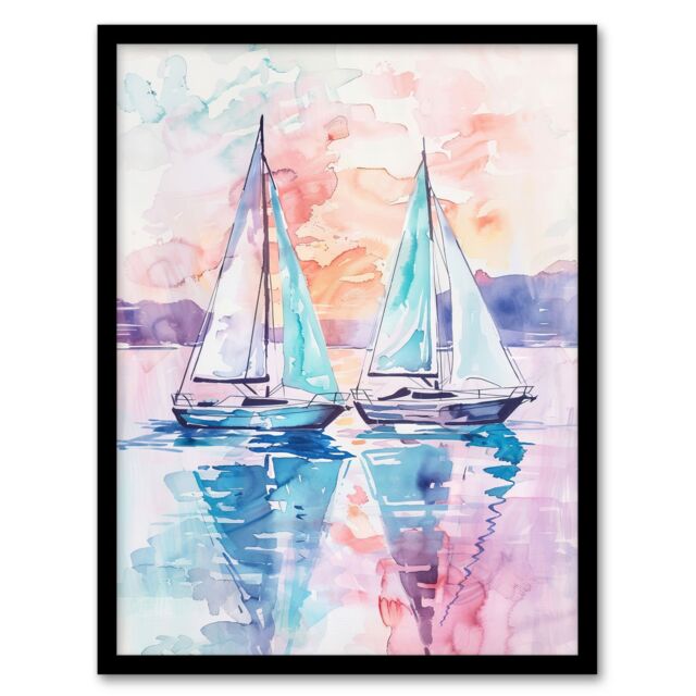 "Artery8 Sailboats at Sunset Seascape Watercolour Painting Framed Art Print - Size: W12"" x H16""" - image 1