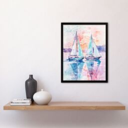 "Artery8 Sailboats at Sunset Seascape Watercolour Painting Framed Art Print - Size: W12"" x H16""" - thumbnail 4