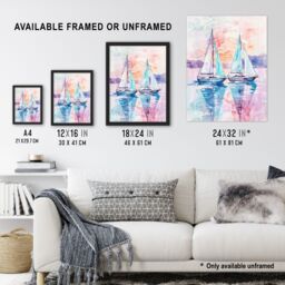 "Artery8 Sailboats at Sunset Seascape Watercolour Painting Framed Art Print - Size: W12"" x H16""" - thumbnail 3