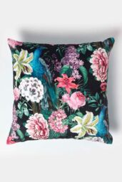 Homescapes Floral Peacock Black & Teal Filled Velvet Cushion 46 x 46 cm