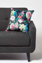 Homescapes Floral Peacock Black & Teal Filled Velvet Cushion 46 x 46 cm - thumbnail 2