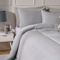 OHS Teddy Fleece 10.5 TOG Coverless Duvet with Pillowcase Bedding Set in Silver - Size: Single - thumbnail 2