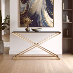 Orsina Elegant Montril Console Table, Optimal Dimensions Of Hallway Table, Easily Maintained Livingroom Table in Gold