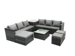Fimous 9 Seater Patio Lounge Sofa Set with Side Table 3 Footstools in Dark Grey - thumbnail 1