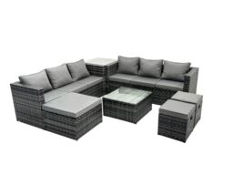 Fimous 9 Seater Patio Lounge Sofa Set with Side Table 3 Footstools in Dark Grey - thumbnail 2