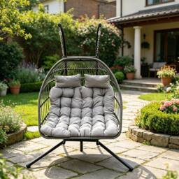 Fimous Indoor Outdoor Rattan Double Egg Hanging Chair Garden & Thick Cushion in Dark Grey - thumbnail 5