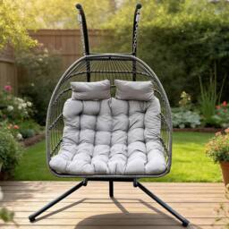 Fimous Indoor Outdoor Rattan Double Egg Hanging Chair Garden & Thick Cushion in Dark Grey - thumbnail 1
