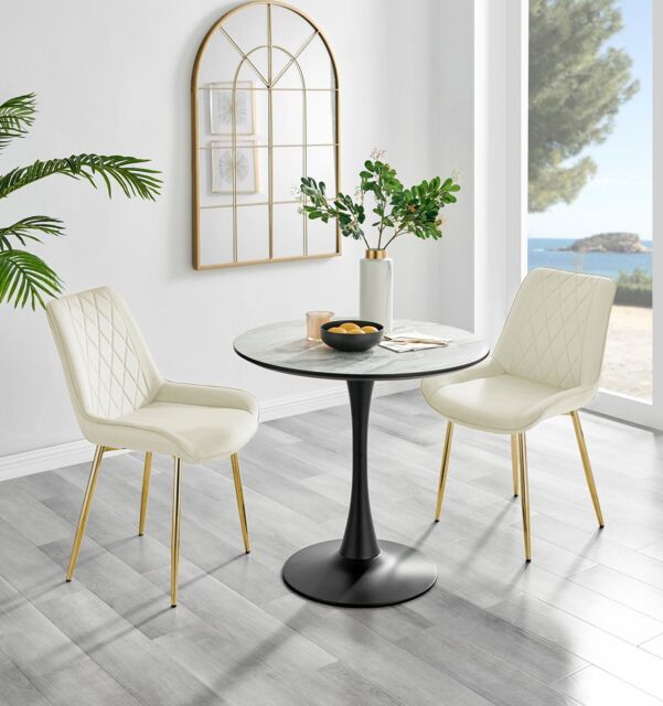 FurnitureboxUK Elina White Marble Effect Scratch Resistant Dining Table & 2 Pesaro Gold Leg Velvet Chairs in Cream - image 1