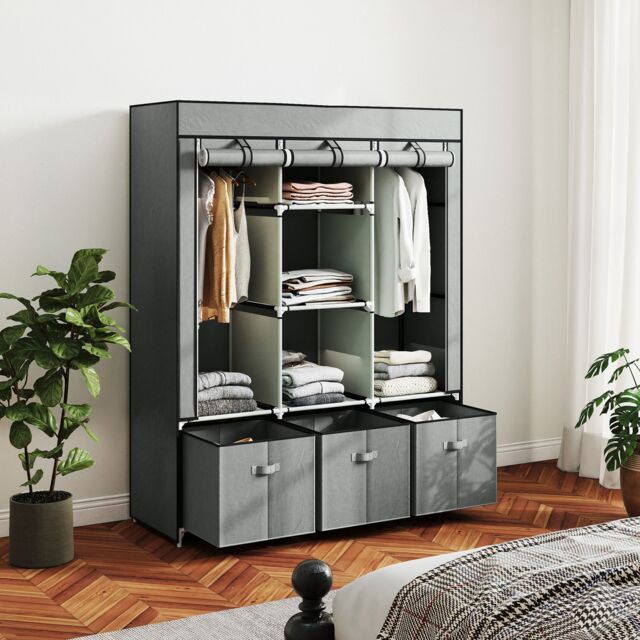 HOMCOM Portable Wardrobe w/ 5 Shelves 3 Fabric Drawers & 2 Hanging Rails in Light Grey - image 1