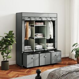 HOMCOM Large Fabric Wardrobe Closet 2 Rails, 5 Shelves 3 Drawers, Light Grey