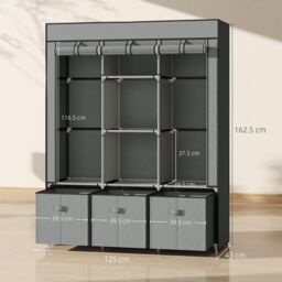 HOMCOM Portable Wardrobe w/ 5 Shelves 3 Fabric Drawers & 2 Hanging Rails in Light Grey - thumbnail 3