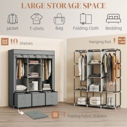 HOMCOM Portable Wardrobe w/ 5 Shelves 3 Fabric Drawers & 2 Hanging Rails in Light Grey - thumbnail 4