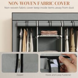 HOMCOM Portable Wardrobe w/ 5 Shelves 3 Fabric Drawers & 2 Hanging Rails in Light Grey - thumbnail 6
