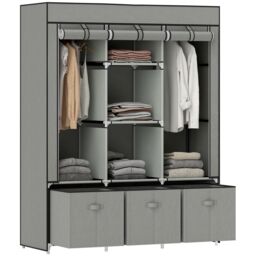 HOMCOM Portable Wardrobe w/ 5 Shelves 3 Fabric Drawers & 2 Hanging Rails in Light Grey - thumbnail 2