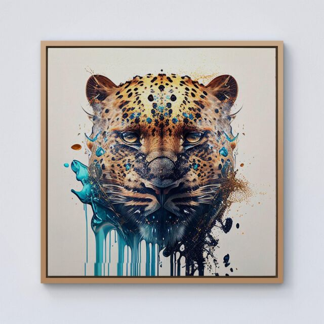 Warren Reed - Designer Leapoard Face Splashart On Light Background Framed Canvas in Light Brown - Size: w40 inch x h40 inch - image 1