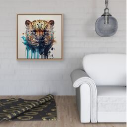 Warren Reed - Designer Leapoard Face Splashart On Light Background Framed Canvas in Light Brown - Size: w40 inch x h40 inch - thumbnail 2