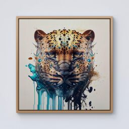 Warren Reed - Designer Leapoard Face Splashart On Light Background Framed Canvas in Light Brown - Size: w40 inch x h40 inch - thumbnail 1