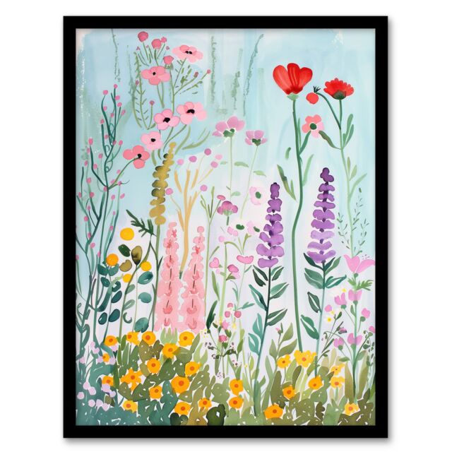 Artery8 Spring Wild Flower Meadow Watercolour Painting Framed Wall Art - Size: A4 - image 1