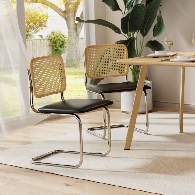 VonHaus Rattan Effect Cantilever Style with Padded Seat Dining Chairs Set in Black - Size: 2 Pack - image 1