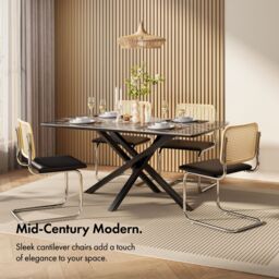 VonHaus Rattan Effect Cantilever Style with Padded Seat Dining Chairs Set in Black - Size: 2 Pack - thumbnail 3