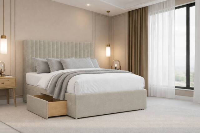 "Chester & Oakley Lorenzo Plush Divan Bed Base 2 Drawers Same Side - 26"" Headboard in Cream - Size: Small Double" - image 1