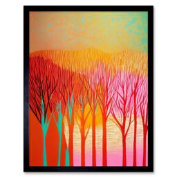 "Artery8 Wall Art Print Forest Treetops Linocut Vibrant Bold Art Framed in Black - Size: W12"" x H16""" - thumbnail 1