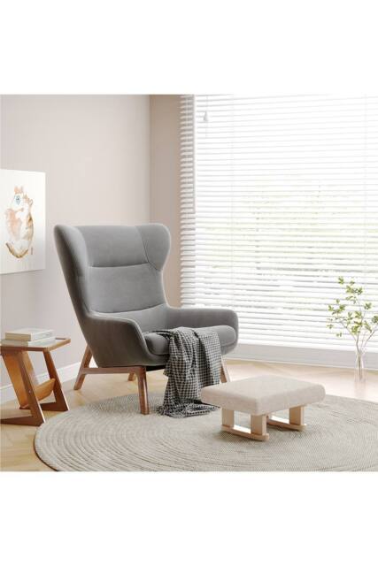 Living and Home Linen Upholstered Wooden Legs Footstool in Beige - image 1