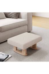 Living and Home Linen Upholstered Wooden Legs Footstool in Beige - thumbnail 2