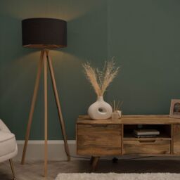 ValueLights Barbro Light Wood Tripod Floor Light Lamp with Reni Drum Shade in Grey - thumbnail 3