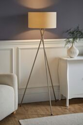 ValueLights Camden Brushed Chrome Tripod Floor Lamp with Cream Drum Lamp Shade in Beige