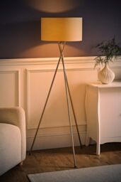 ValueLights Camden Brushed Chrome Tripod Floor Lamp with Cream Drum Lamp Shade in Beige - thumbnail 2
