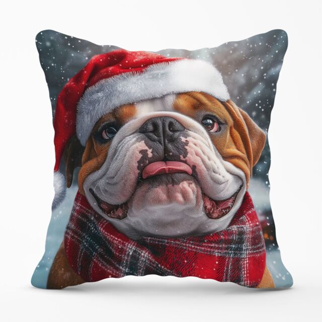 Warren Reed - Designer Snowy Christmas Bulldog Cushion in Brown - Size: 60 cm x 60 cm - image 1