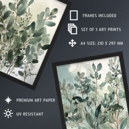 Artery8 A4 Wall Art & Frame Set of 3 Botanical Plants Sage Eucalyptus Leaves in Pale Green - thumbnail 3