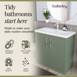 Balterley Contemporary Bathroom Floor Standing 2 Soft-Close Door Vanity Unit & Mid-Edge Basin, Satin Green, 800 mm in Green - thumbnail 7