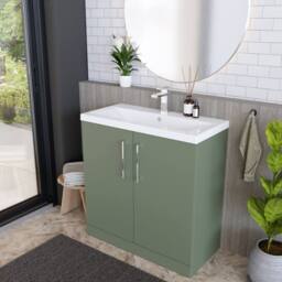 Balterley Contemporary Bathroom Floor Standing 2 Soft-Close Door Vanity Unit & Mid-Edge Basin, Satin Green, 800 mm in Green - thumbnail 4
