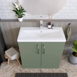 Balterley Contemporary Bathroom Floor Standing 2 Soft-Close Door Vanity Unit & Mid-Edge Basin, Satin Green, 800 mm in Green - thumbnail 3