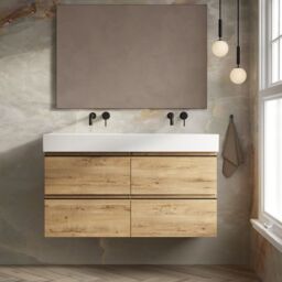 Banyetti Vatilla 1200mm Wall Hung Vanity Unit with Veneto No Tap Hole Basin - Ostippo Oak in Light Oak