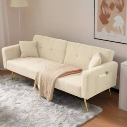 BTM Sofa bed with adjustable backrest cushions & side storage pockets in Beige - thumbnail 4